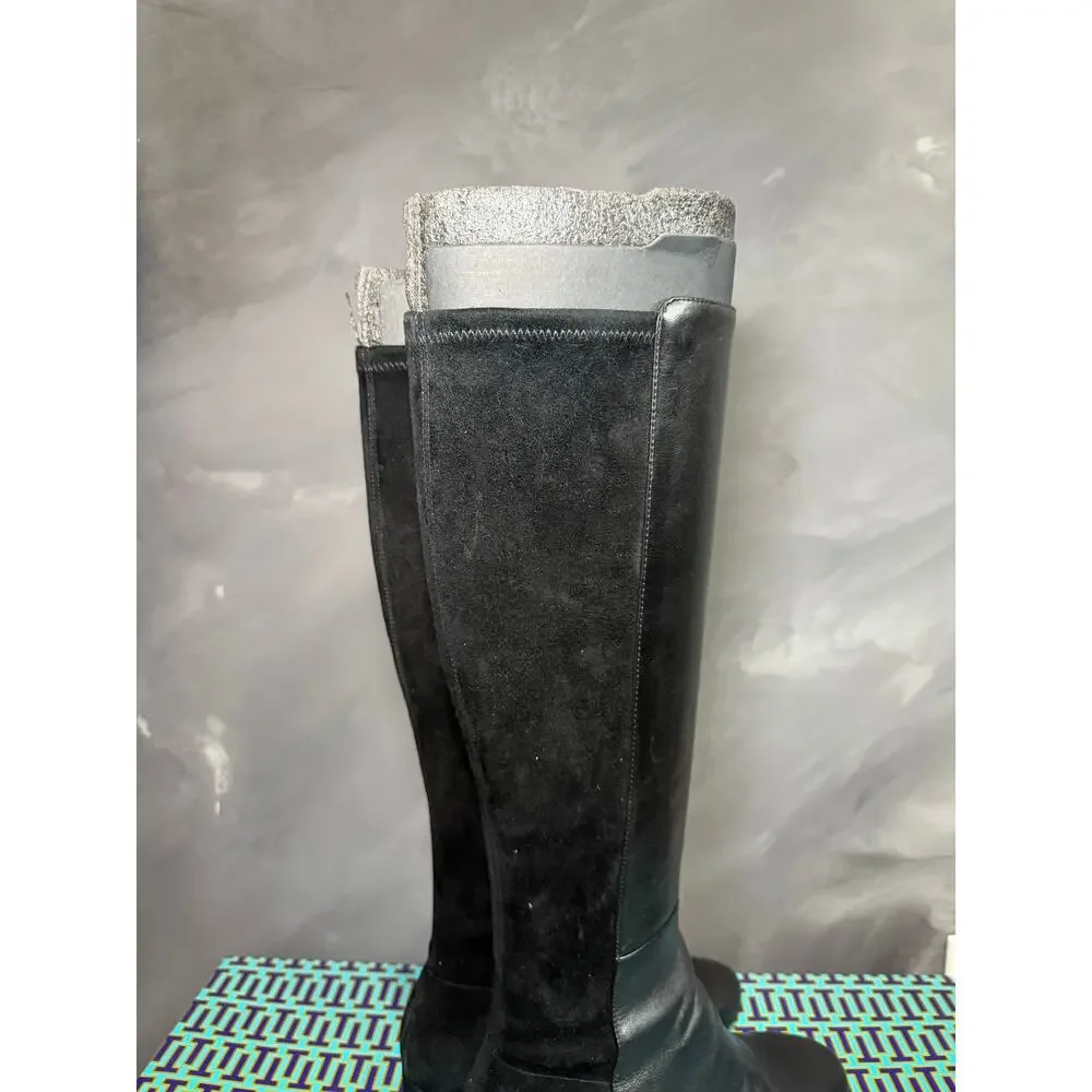 Tory Burch GIGI 55mm Tall Boots Calf Leather Stretch Suede Black Gold Size 8